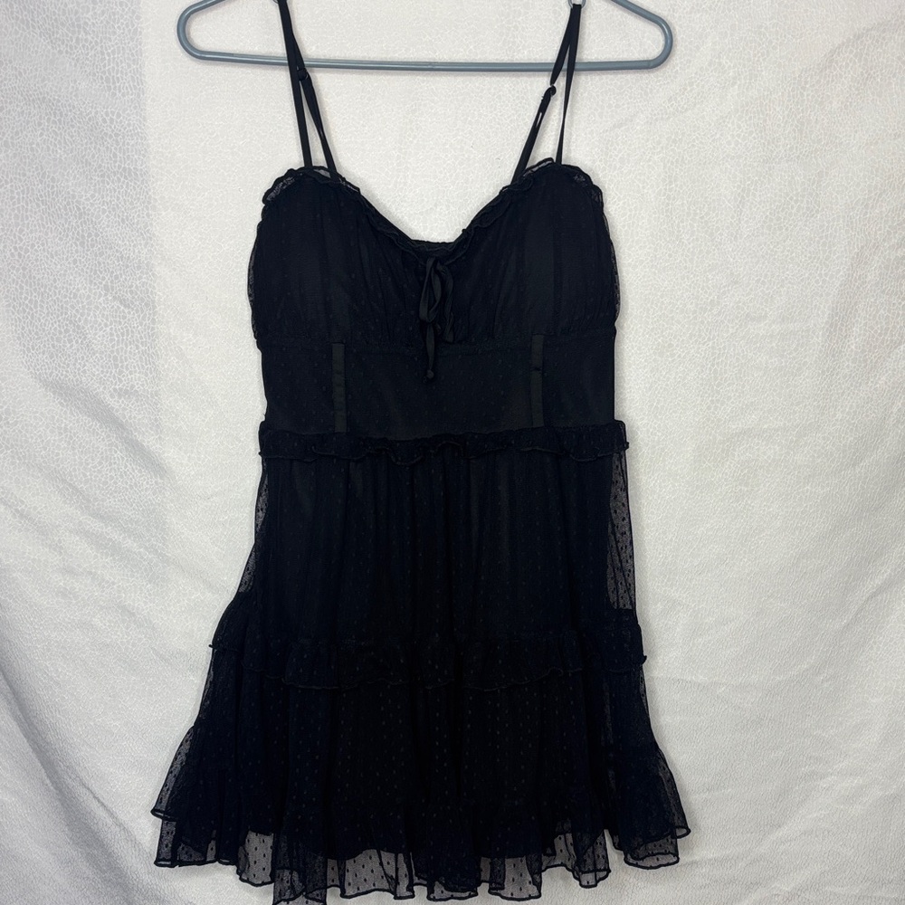Wild Fable Black Swiss Dot Babydoll Mini Dress M Sheer Ruffle Tiered